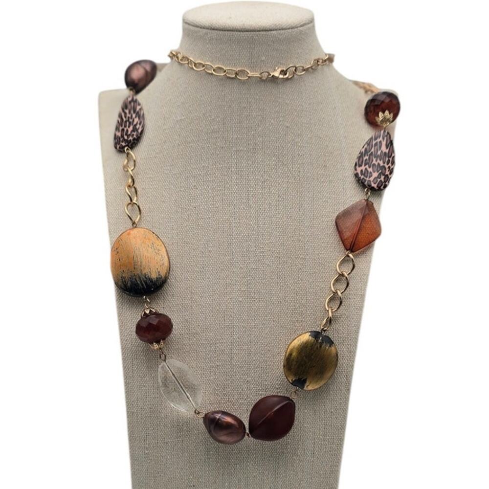 Brown Animal Print Beaded Long Necklace Gold Tone Chain – Modern Chic